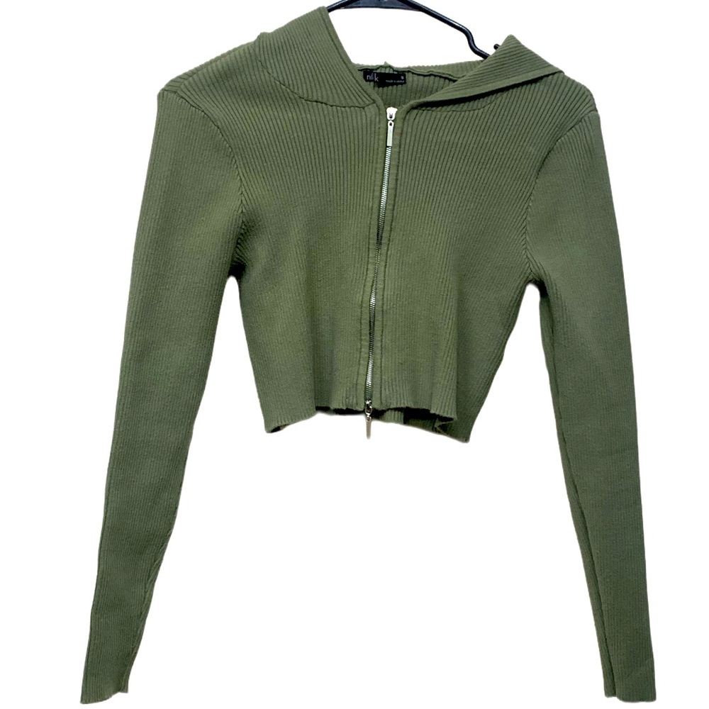 Green Cropped Zip Up Hoodie